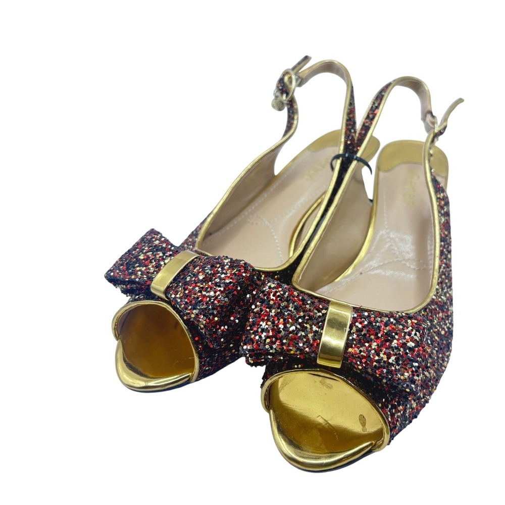 J. Renee Slingback Heels Gold Red Multi Glitter Bow Peep Toe Kitten Pump